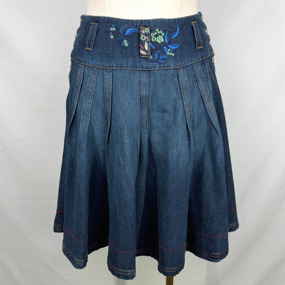 Vintage Oilily Boho Embroidered Pleated Denim Skirt Size 14 Cottagecore Folk